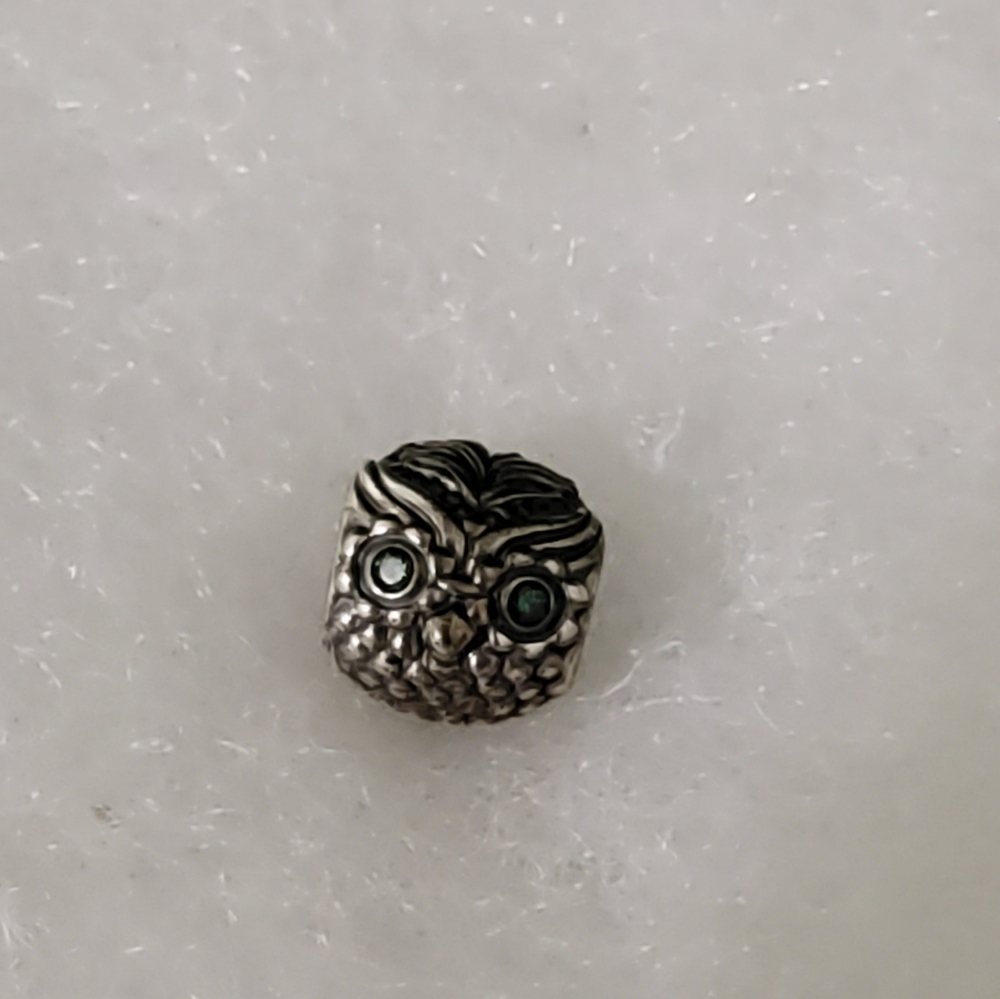 Pandora Silver Wise Owl Charm With CZ Green Eyes